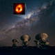 Los telescopios ALMA del ESO apuntando a la vía láctea con la localización de Sagitarius A, el agujero negro supermasivo en el centro de nuestra galaxia. En la ventana puede verse la imagen de Sagitarius A que tomó el Event Horizon Telescope (EHT)